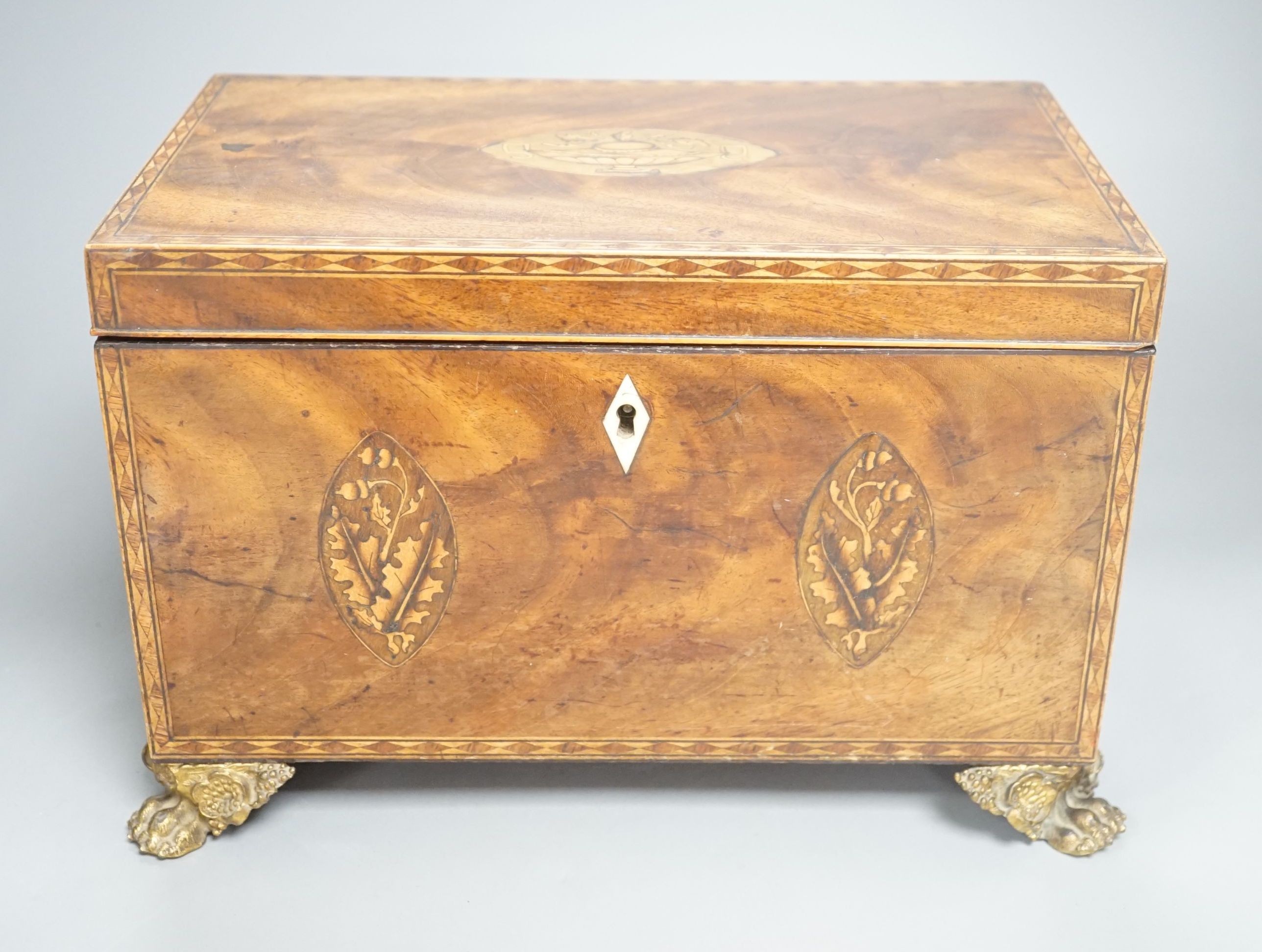 A late George III mahogany and marquetry tea caddy, 31cm foot to foot